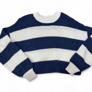 Hollister Navy and Cream Striped Sweater